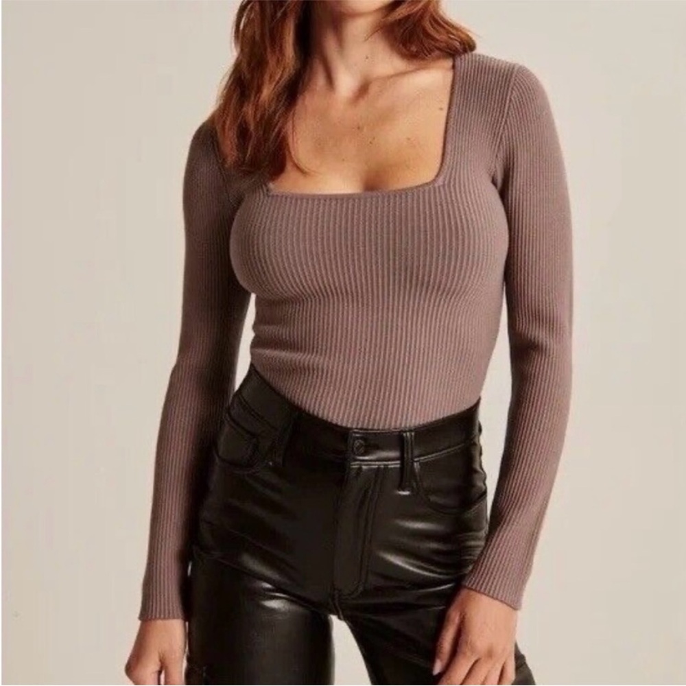 Abercrombie Long Sleeve Ribbed Square Neck Top - Brown